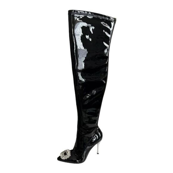Inc  Black Over the Knee  Patient Leather W Sparkling Toe Piece Black Sz 6M NWT - Picture 1 of 8